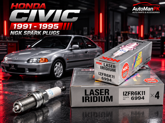 NGK Laser Iridium IZFR6K11 6994 spark plugs and packaging for Honda Civic 1991–1995, with silver Honda Civic EG and AutoManPK branding.