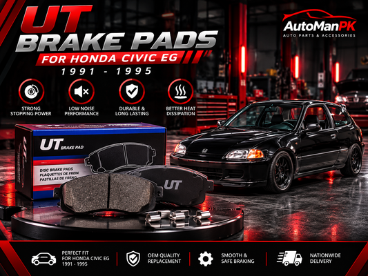 UT front disc brake pads and packaging for Honda Civic 1991–1995, displayed with a black Honda Civic EG and AutoManPK branding.