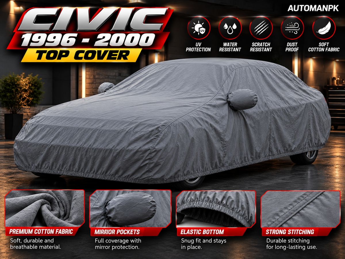 Honda Civic 1996–2000 grey car top cover features including cotton fabric, mirror pockets, elastic bottom and stitching