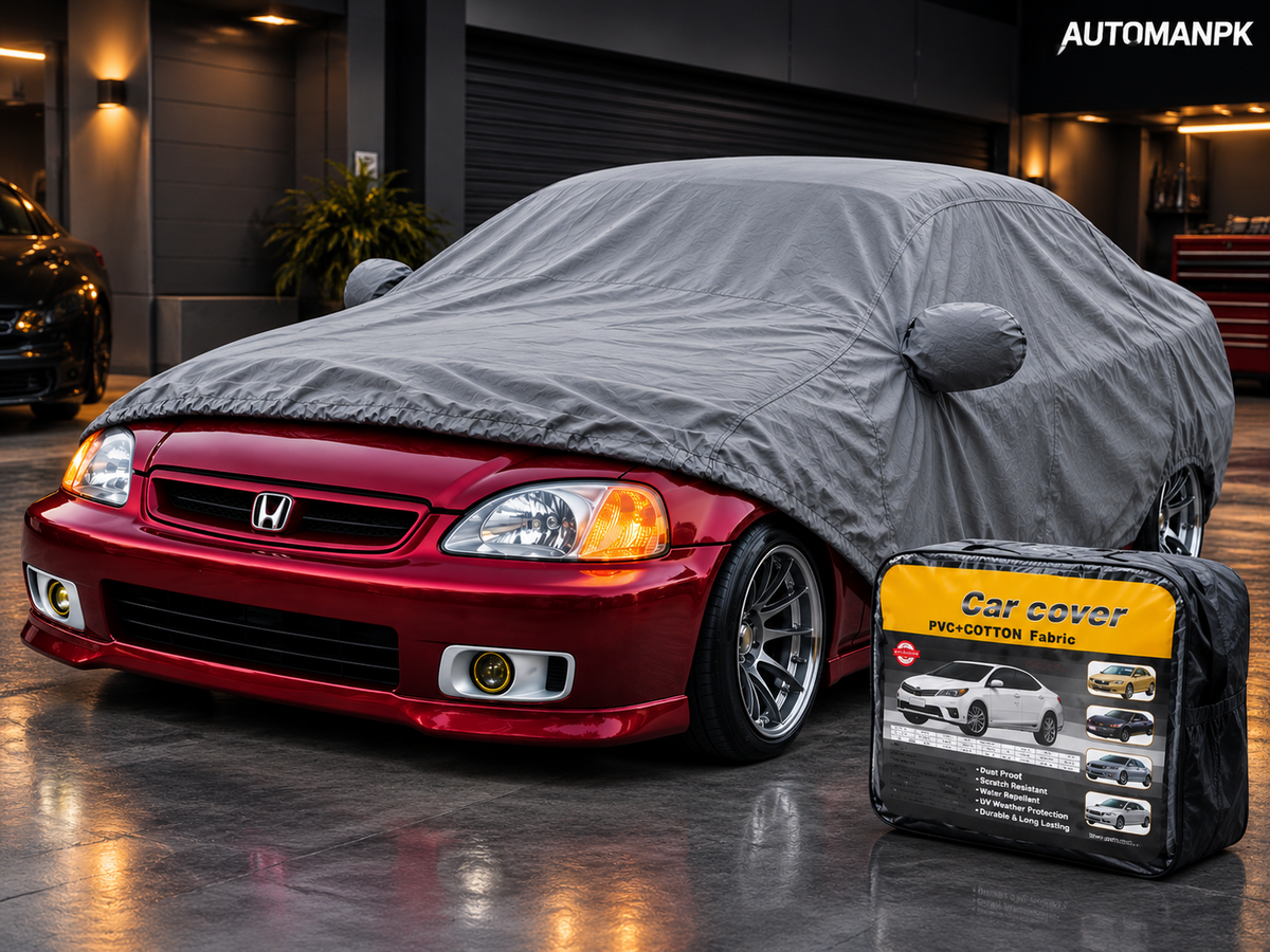 Honda Civic 1996–2000 red sedan with grey PVC cotton fabric full car top cover, AutoManPK hero image
