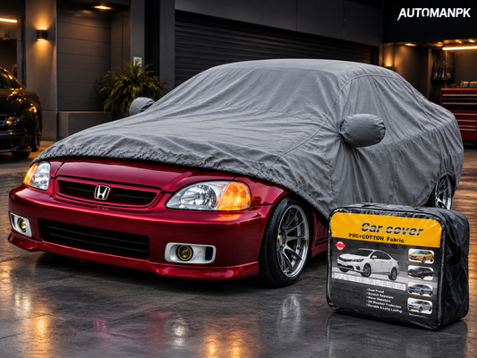 Honda Civic 1996–2000 red sedan with grey PVC cotton fabric full car top cover, AutoManPK hero image