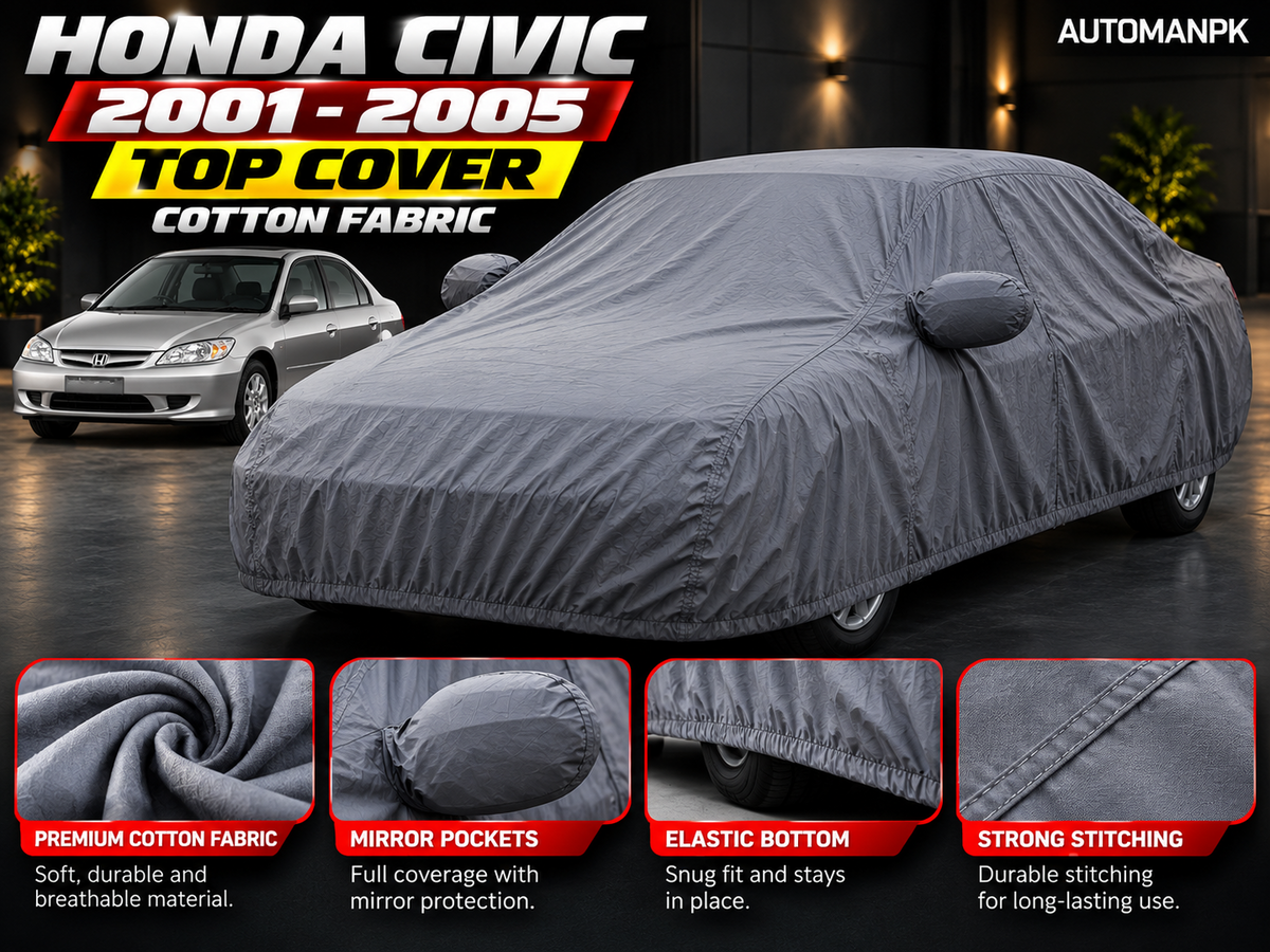 Honda Civic 2001–2005 grey cotton fabric car cover features including mirror pockets, elastic bottom and stitching