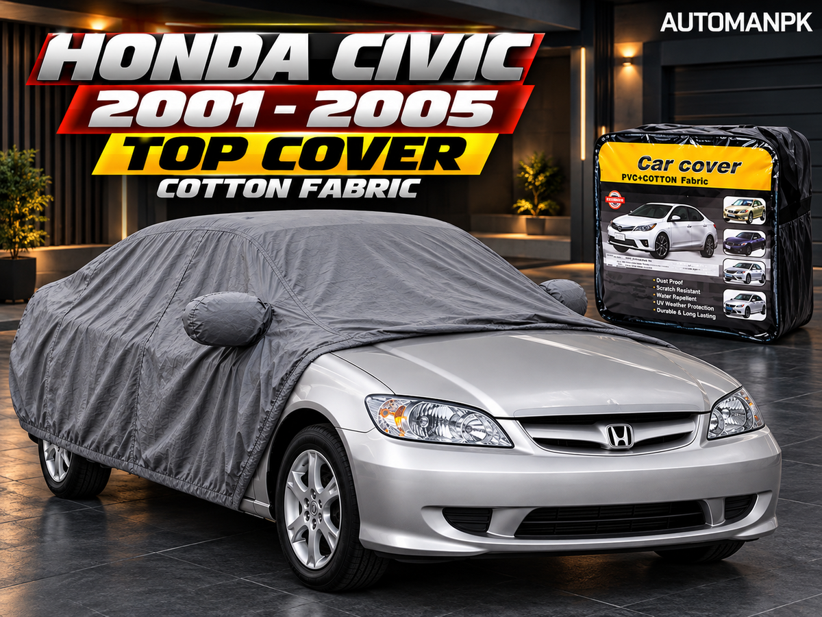 Honda Civic 2001–2005 silver sedan with grey cotton fabric car top cover, AutoManPK hero image