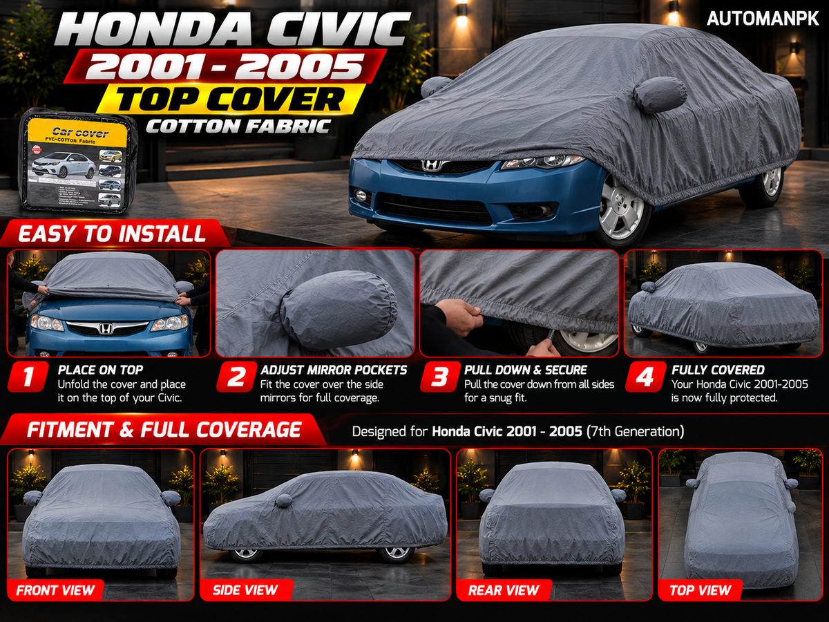Honda Civic 2006–2011 grey cotton car top cover installation guide and fitment views