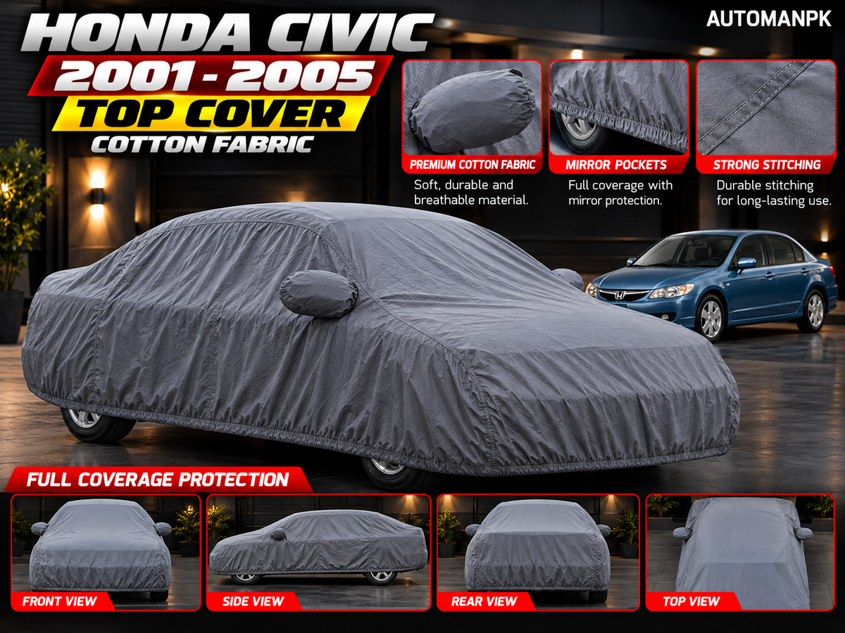 Honda Civic 2006–2011 grey cotton fabric car cover features, mirror pockets, elastic bottom and stitching