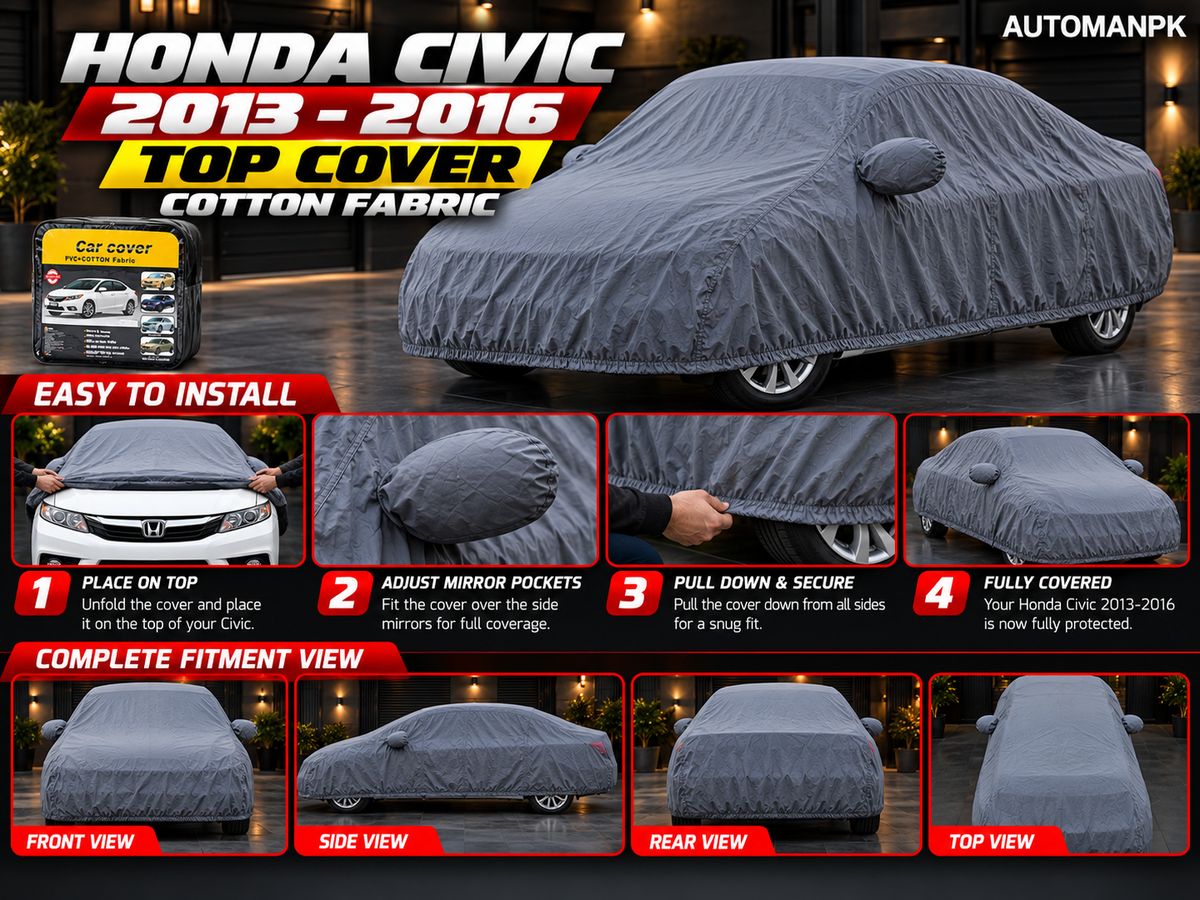 Honda Civic 2013–2016 grey cotton car top cover installation guide and front side rear fitment views