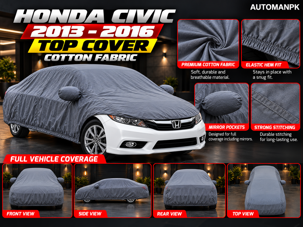 Honda Civic 2013–2016 grey cotton fabric car cover features including mirror pockets, elastic hem and stitching