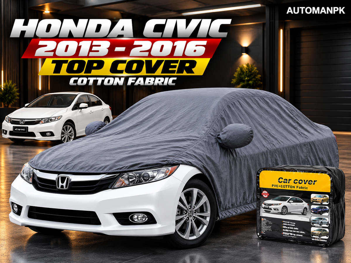 Honda Civic 2013–2016 white sedan with grey cotton fabric car top cover, AutoManPK hero image