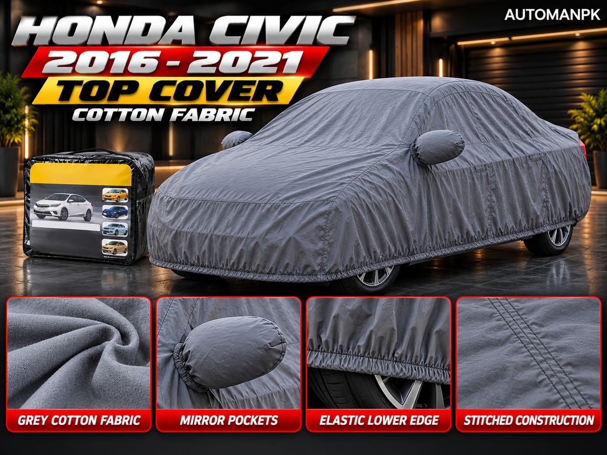 Honda Civic 2016–2021 car cover details showing grey fabric, mirror pockets, elastic lower edge and stitched construction