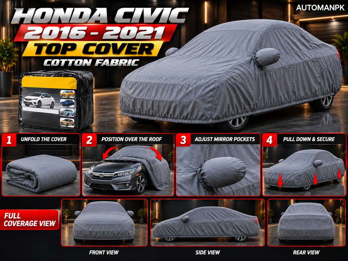 Honda Civic 2016–2021 car top cover installation steps and full-coverage views