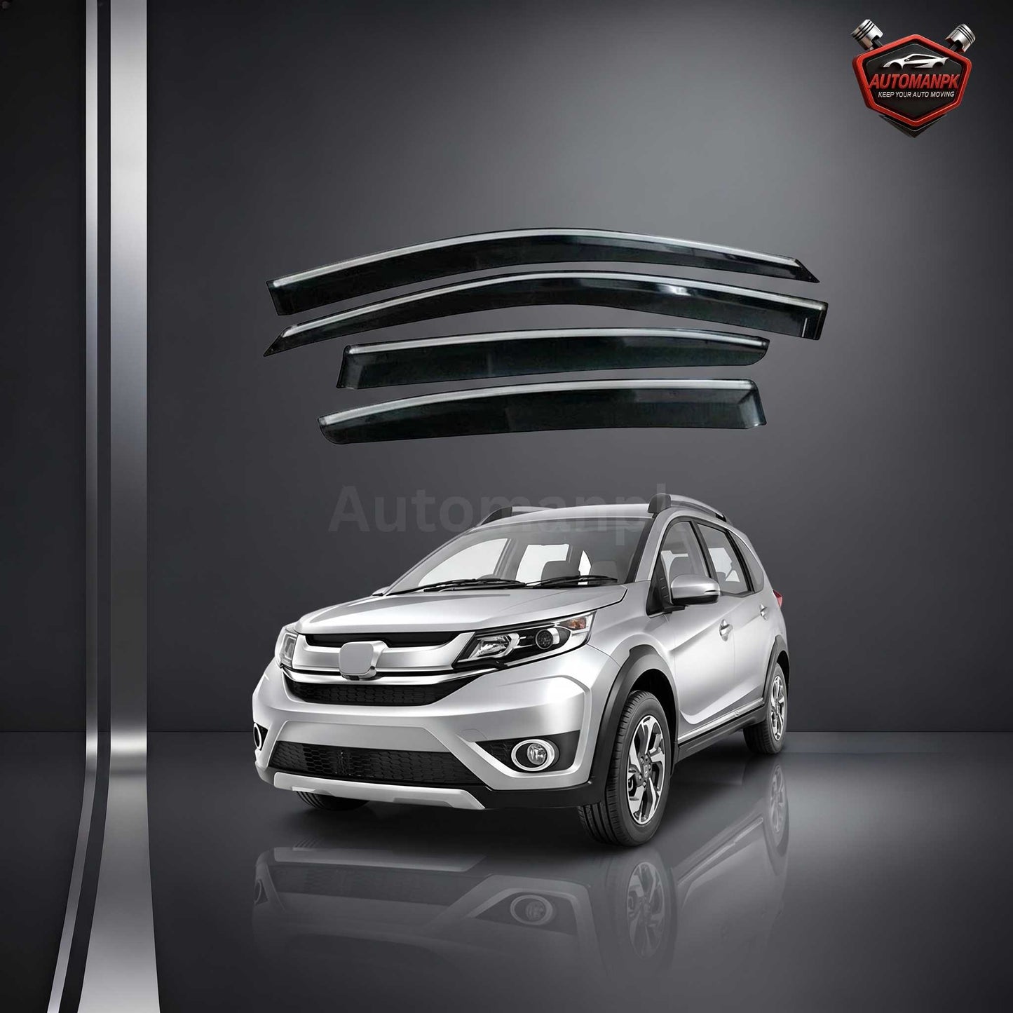Car window deflectors with a silver car on a dark background
