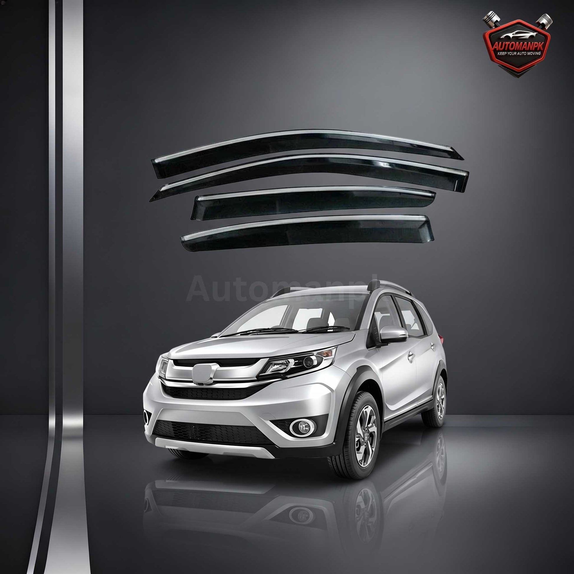 Car window deflectors with a silver car on a dark background