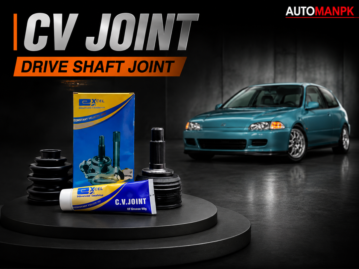 CV Joint drive shaft joint kit including a tube of grease, a box, and several black metal components displayed on a black pedestal, with a teal car in the background and 'AUTOMANPK' branding.