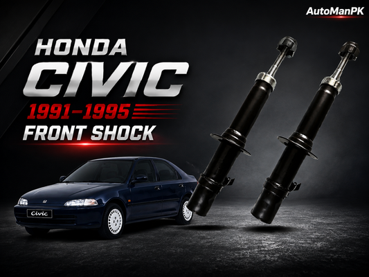 Two black Honda Civic front shock absorbers displayed against a dark studio background, with a dark blue 1991-1995 Honda Civic car shown on the left and large text reading 'HONDA CIVIC 1991-1995 FRONT SHOCK'. The AutoManPK logo appears in the top right corner.