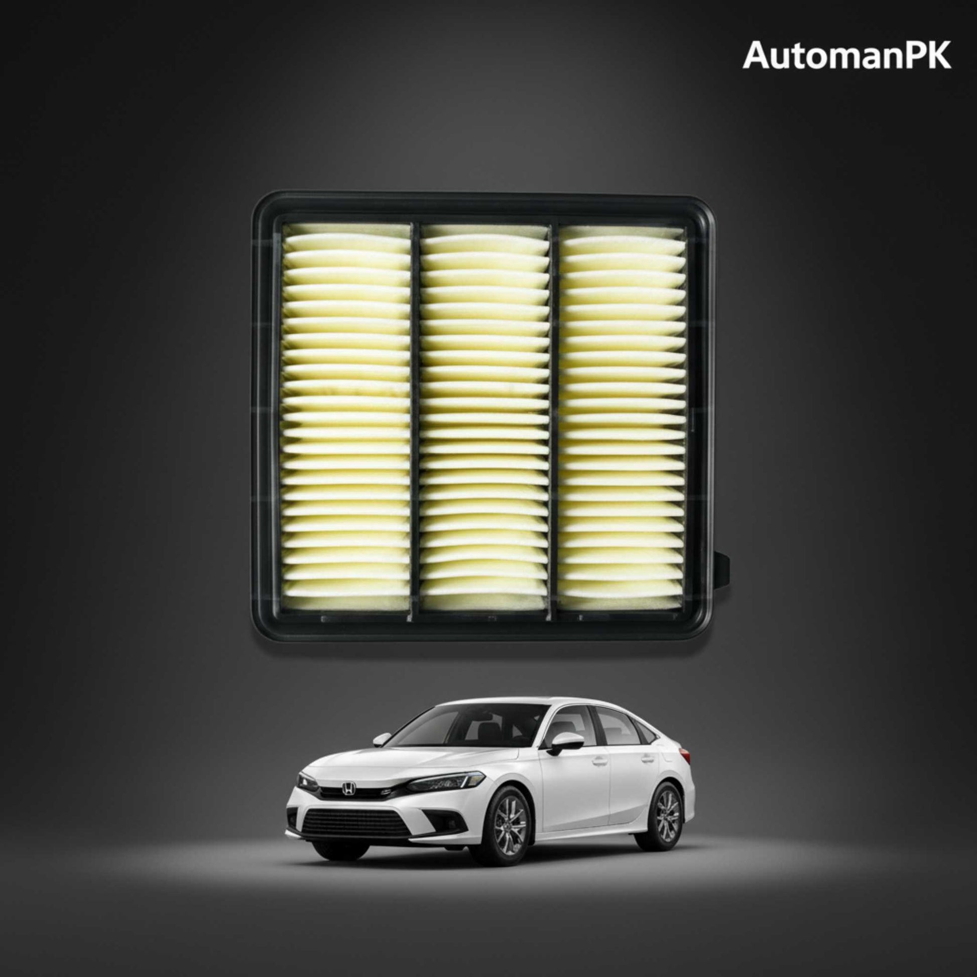 Car air filter with a white car on a dark background, featuring the brand 'AutomanPK'.