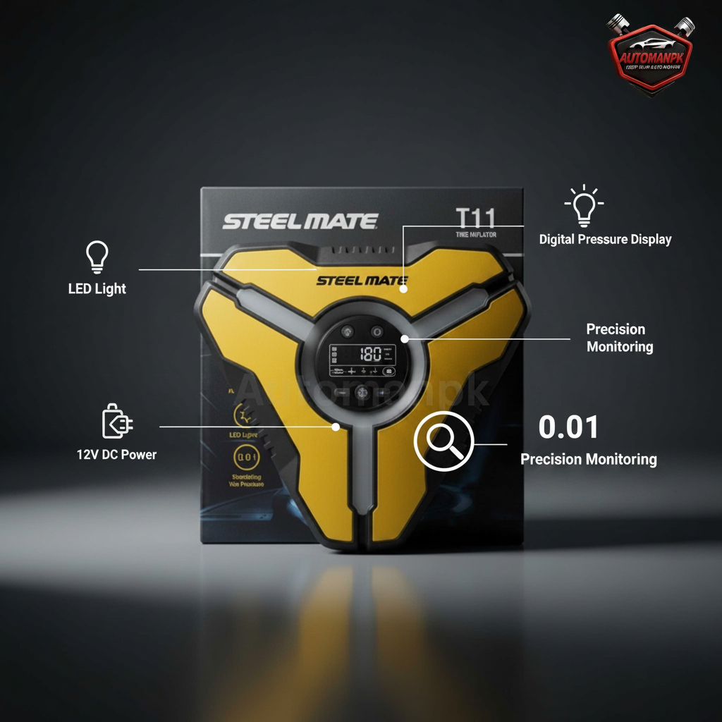 Steel Mate T11 Tyre Inflator – Feature Callout Infographic