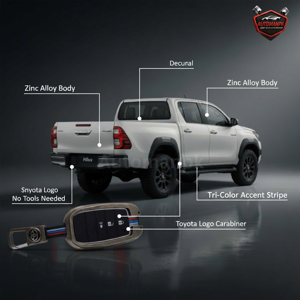 Toyota Revo Key Cover Feature Highlights – Zinc Alloy Body, 3-Button Fit, Tri-Color Stripe, Toyota Carabiner Keychain | AutoManPK