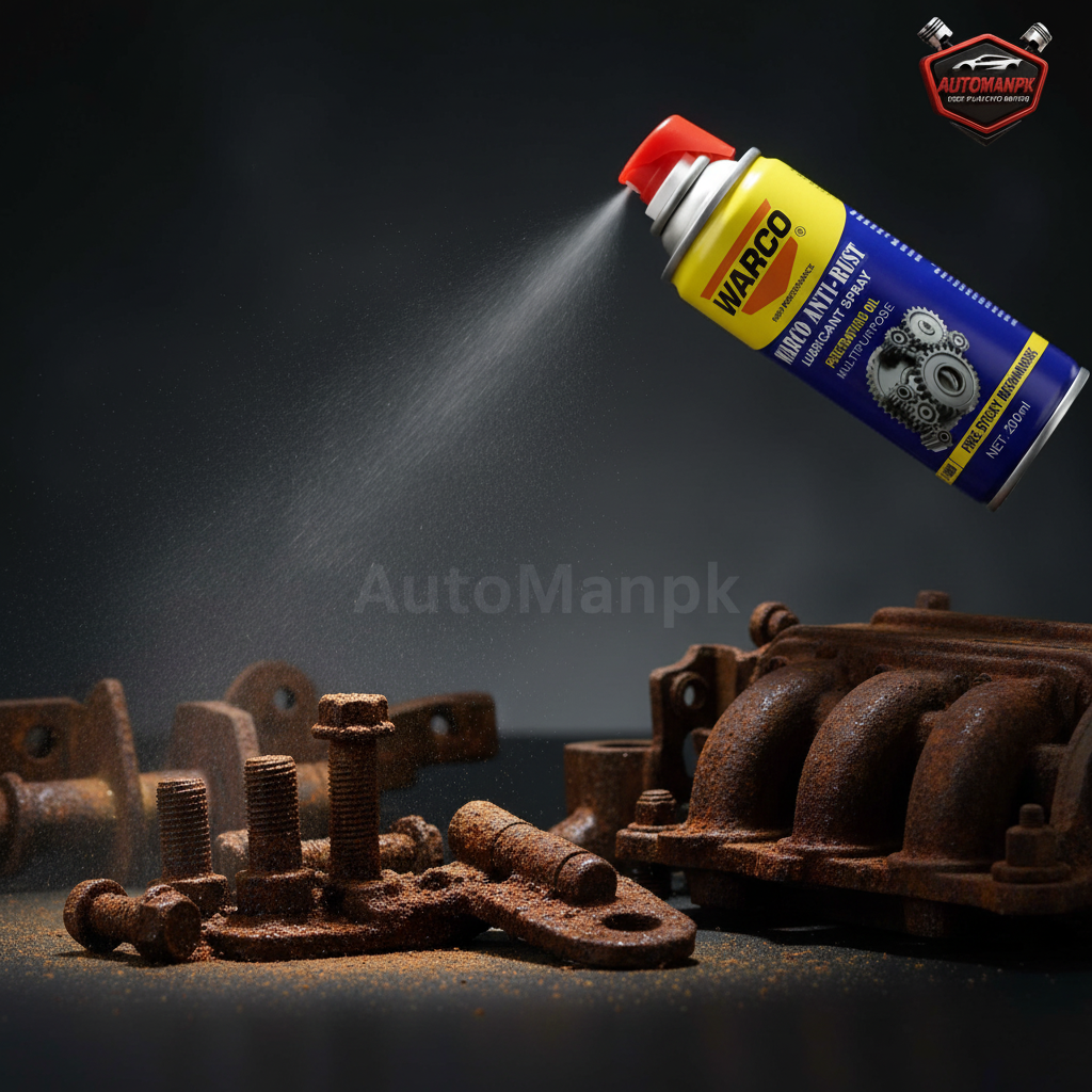 Warco Anti-Rust Lubricant Spray Being Applied on Rusty Metal Bolts and Car Parts | AutoManPK