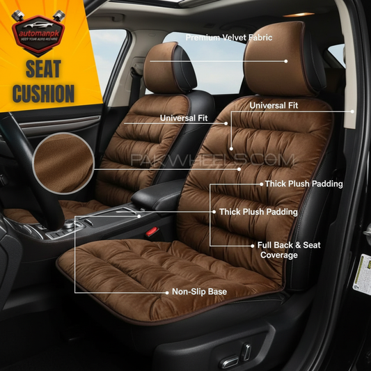 Universal Car Seat Cushion Brown Velvet Feature Highlights – Premium Velvet, Thick Padding, Universal Fit | AutoManPK