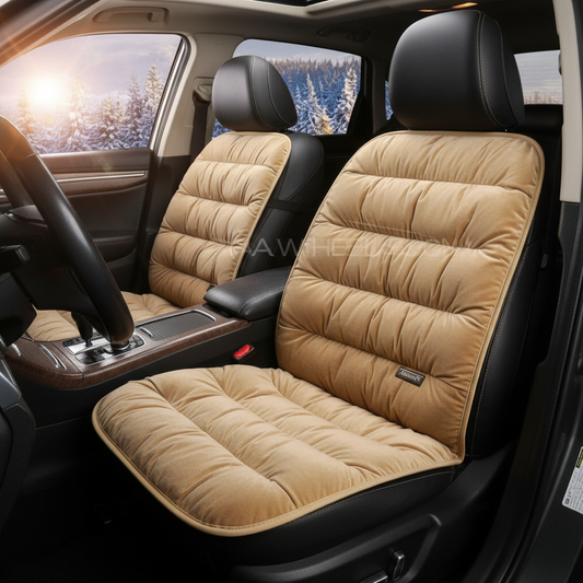 Beige Velvet Car Seat Cushion Installed in Premium Car Interior Front Seats – Luxurious Comfort Upgrade | AutoManPK