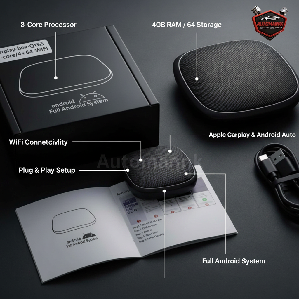 CarPlay Android Box QY65 Feature Highlights – 8-Core, 4/64GB, WiFi, Apple CarPlay, Android Auto | AutoManPK