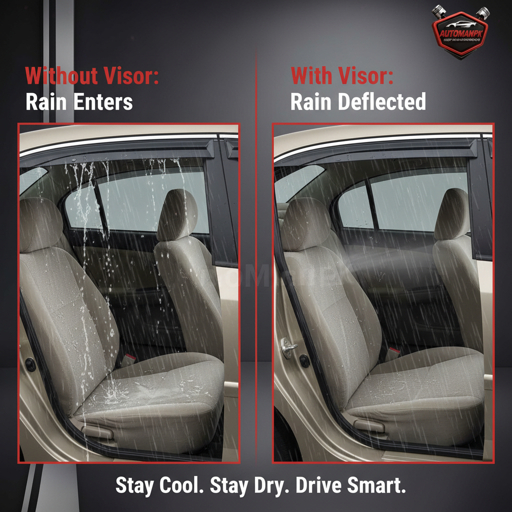 Honda City 2003-2008 Air Visor Benefit Comparison – Without Visor Rain Enters Interior vs With Chrome Visor Rain Deflected Outside, Stay Cool Stay Dry Drive Smart | AutoManPK