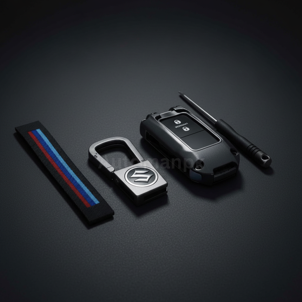 Suzuki Swift 2021-2025 Premium Zinc Alloy Flip Key Cover with Suzuki Sport Keychain – Studio Hero Shot on Dark Background