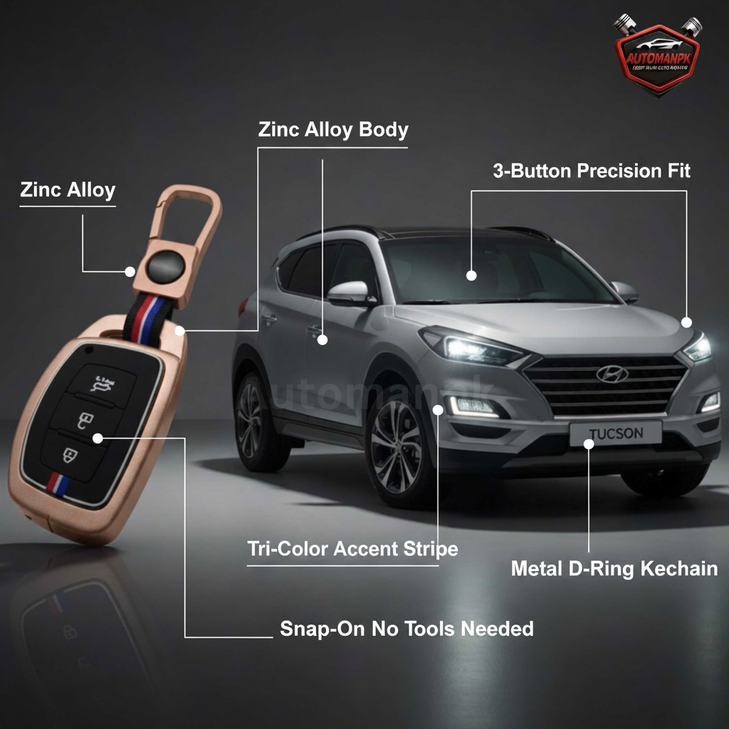 Hyundai Tucson Key Cover Feature Highlights – Zinc Alloy Body, 3-Button Fit, Tri-Color Stripe, Metal D-Ring Keychain | AutoManPK