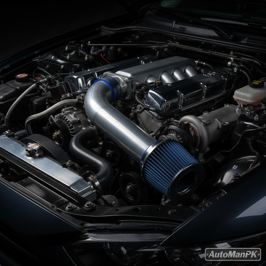 Universal Blue Cold Air Intake Filter Installed on Car Engine Bay Intake Pipe | AutoManPK