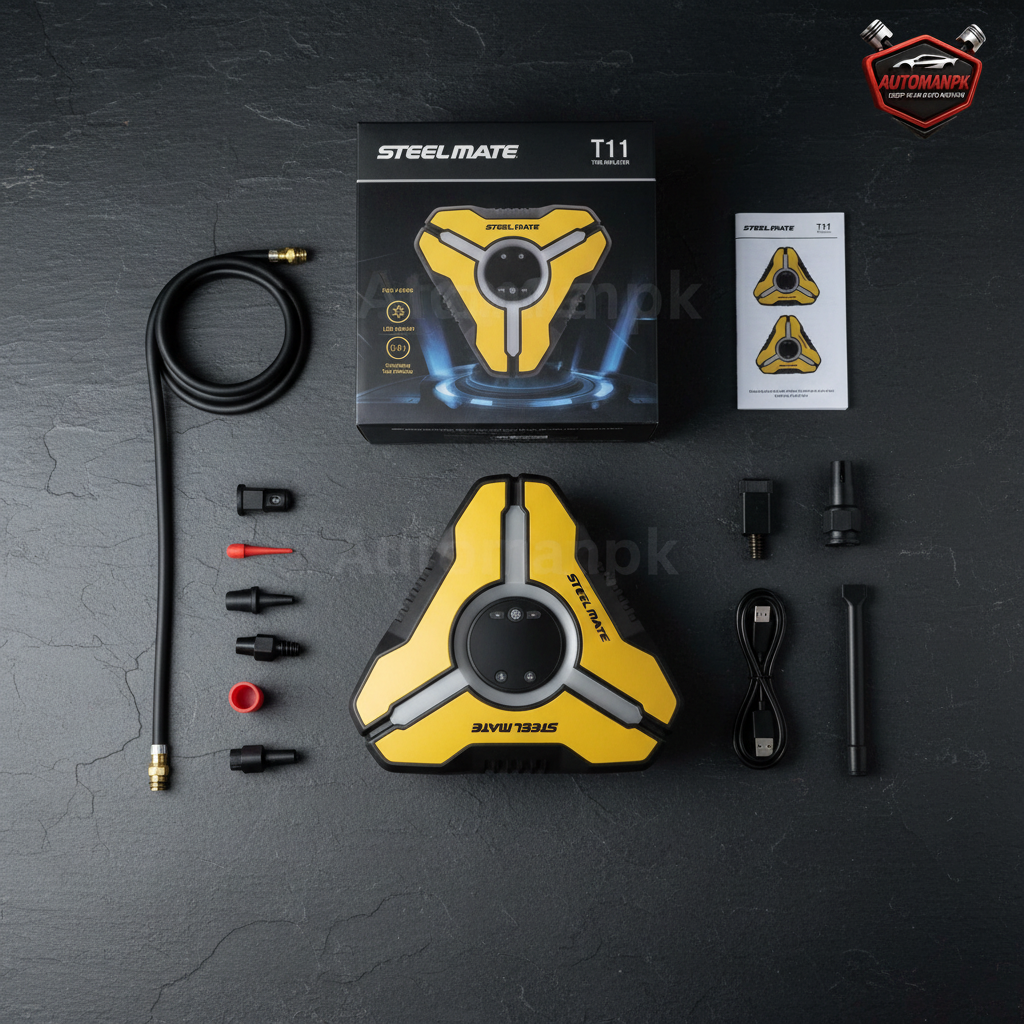 Steel Mate T11 Tyre Inflator – Flat Lay with Accessories