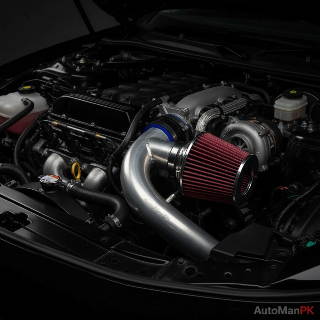 Universal Red Cold Air Intake Filter Installed on Car Engine Bay Intake Pipe | AutoManPK