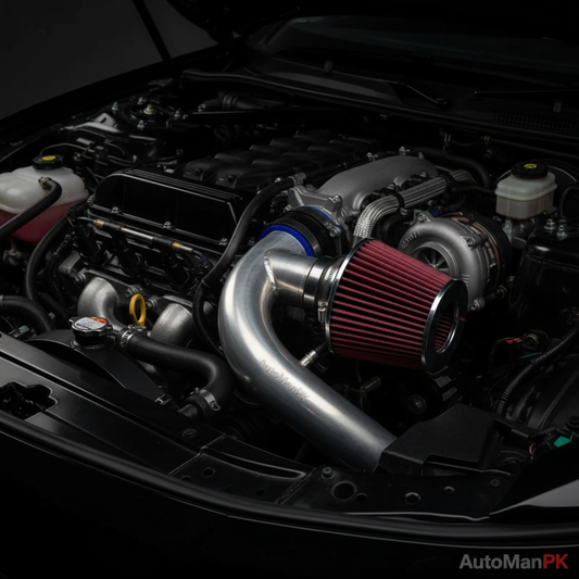 Universal Red Cold Air Intake Filter Installed on Car Engine Bay Intake Pipe | AutoManPK