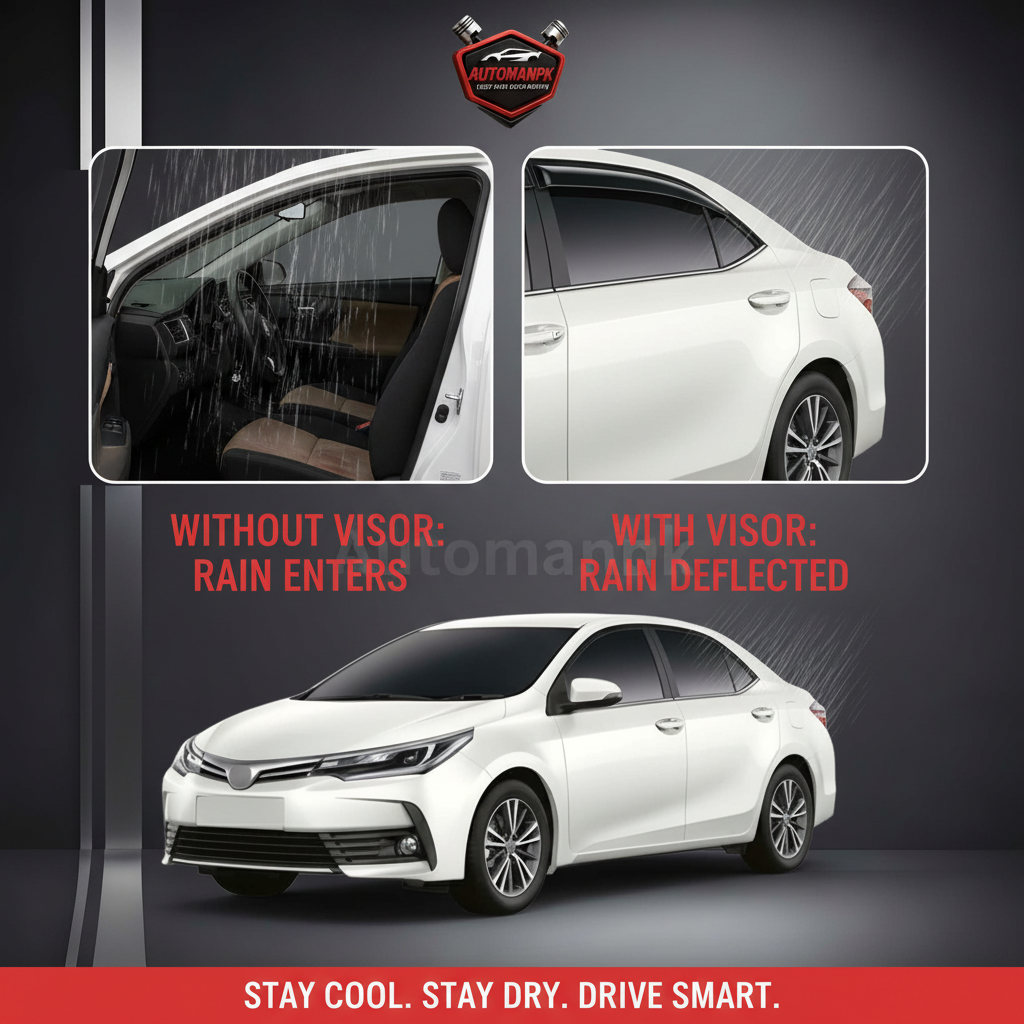 Toyota Corolla 2015-2026 Air Visor Benefit Comparison – Without Visor Rain Enters Interior vs With Smoked Visor Rain Deflected Outside, Stay Cool Stay Dry Drive Smart | AutoManPK