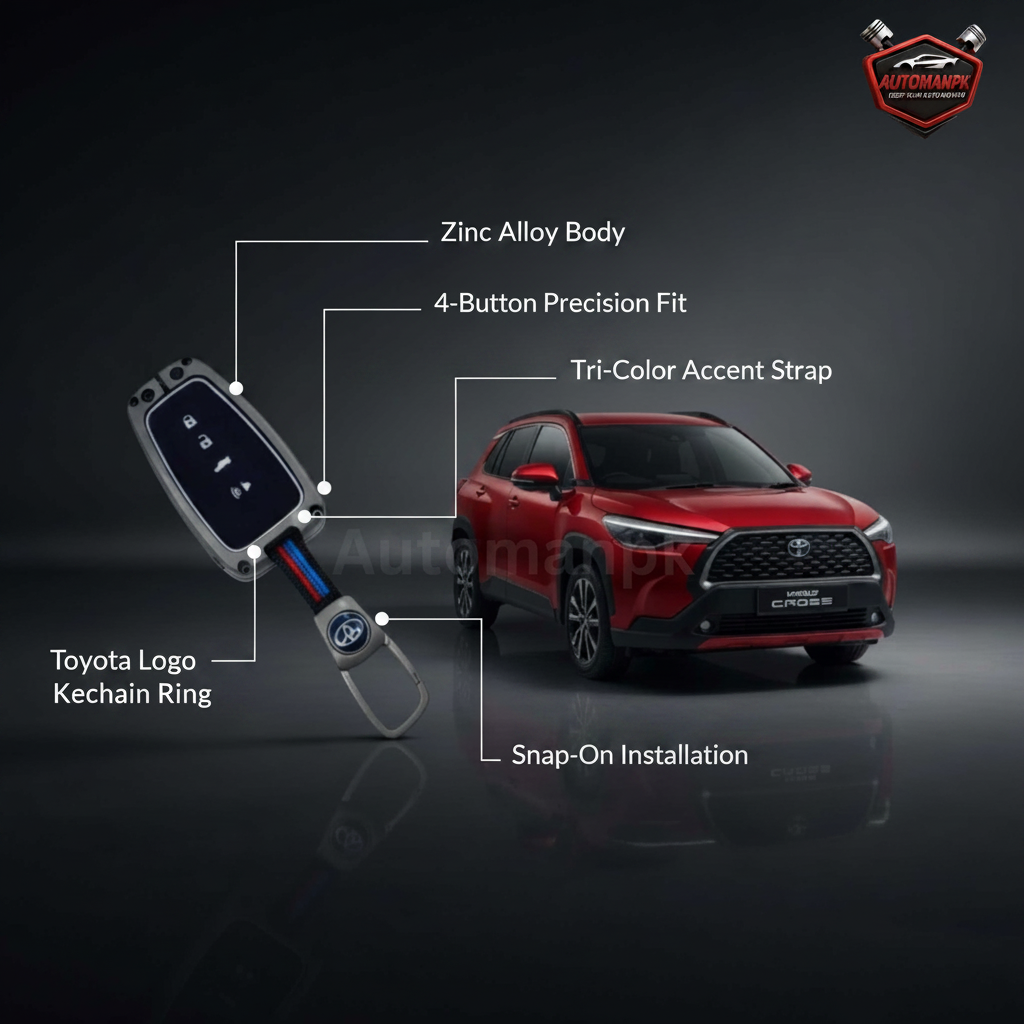Toyota Cross Key Cover Feature Highlights – Zinc Alloy Body, 4-Button Fit, Tri-Color Strap, Toyota Logo Keychain | AutoManPK