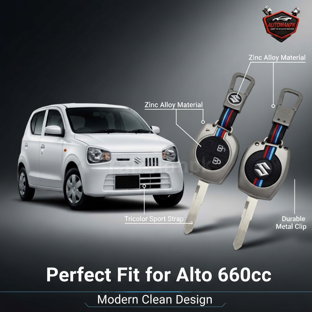 Suzuki Alto 660cc Metal Key Cover Feature Callout – Zinc Alloy Material, Suzuki Logo, Sport Strap, Metal Clip Highlights