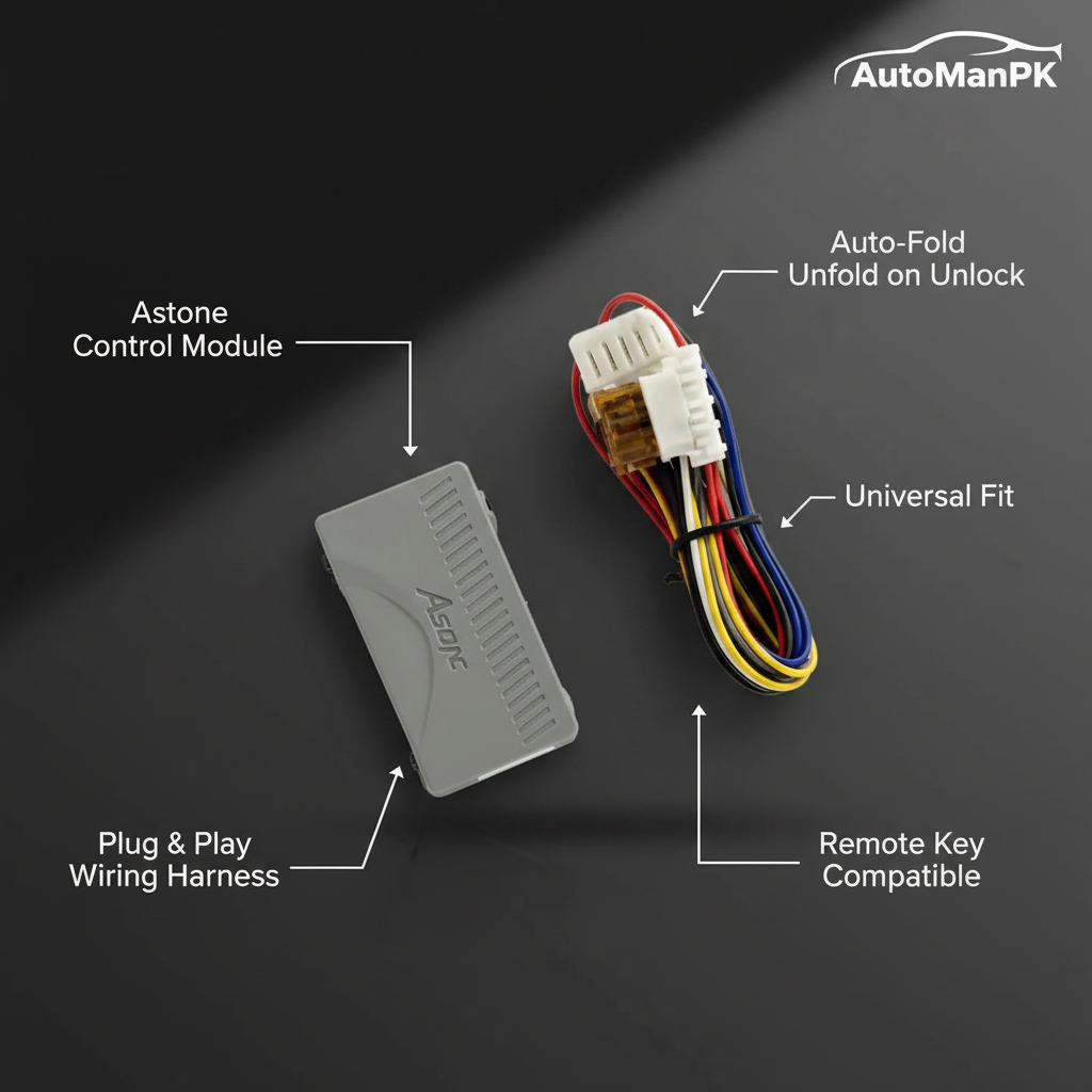 Universal Car Side Mirror Closer Kit Feature Highlights – Astone Module, Wiring Harness, Auto Fold | AutoManPK