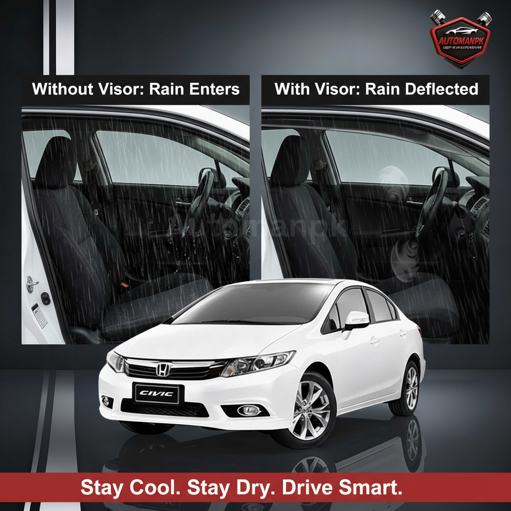 Honda Civic Air Visor Benefit Comparison – Without Visor Rain Enters vs With Visor Rain Deflected, Stay Cool Stay Dry | AutoManPK