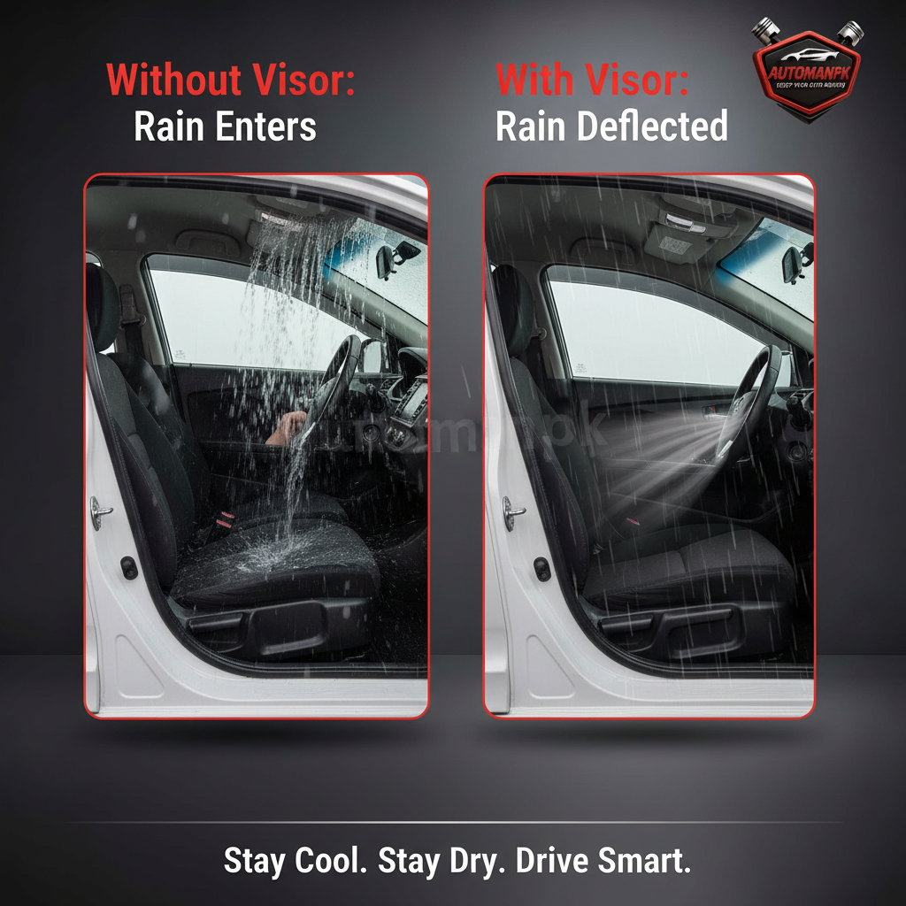 Honda City 2022-2026 Air Visor Benefit Comparison – Without Visor Rain Enters Interior vs With Chrome Visor Rain Deflected Outside, Stay Cool Stay Dry Drive Smart | AutoManPK