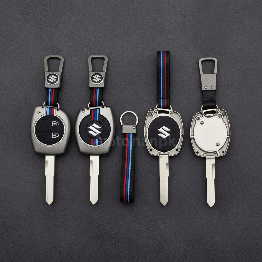 Suzuki Alto 660cc Zinc Key Cover Flat Lay – Front and Back View with Tricolor Sport Strap