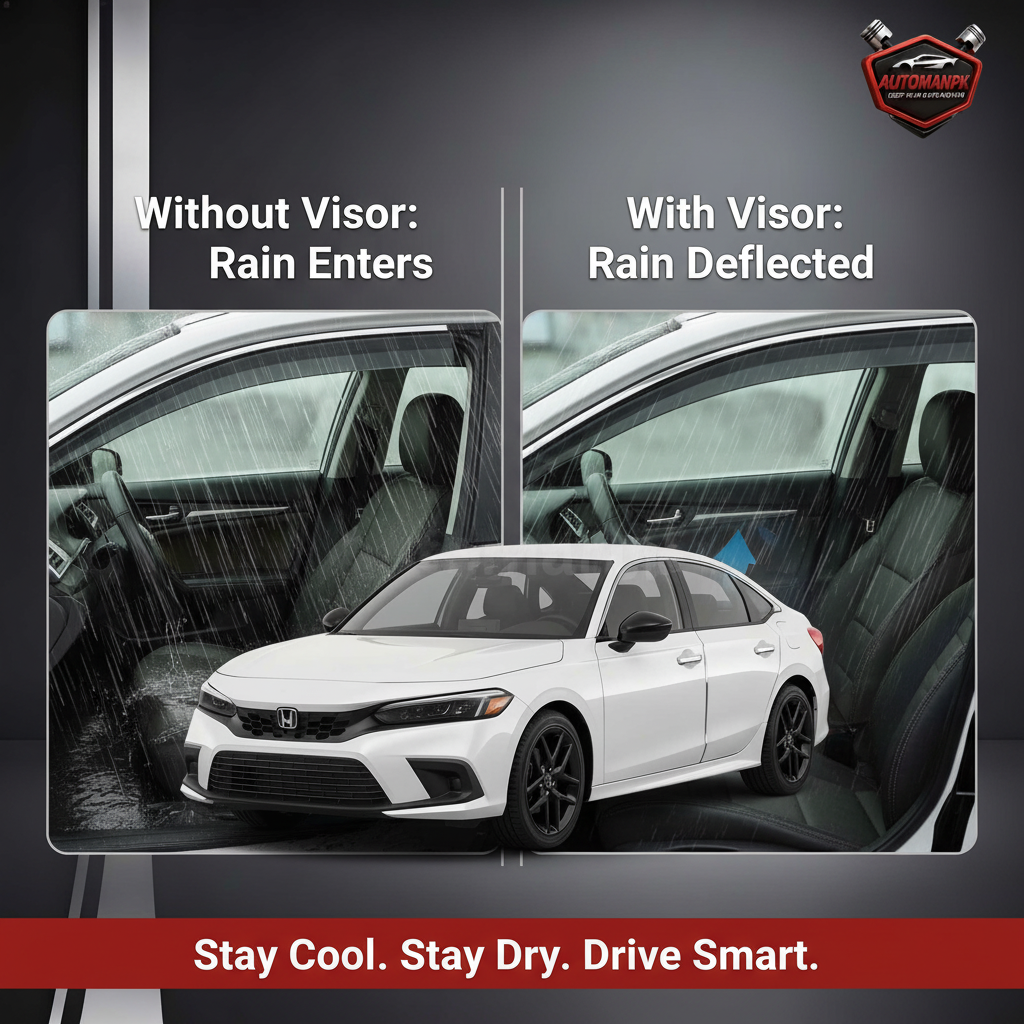 Honda Civic 2021-2025 Air Visor Benefit Comparison – Without Visor Rain Enters Interior vs With Chrome Accent Visor Rain Deflected Outside, Stay Cool Stay Dry Drive Smart | AutoManPK
