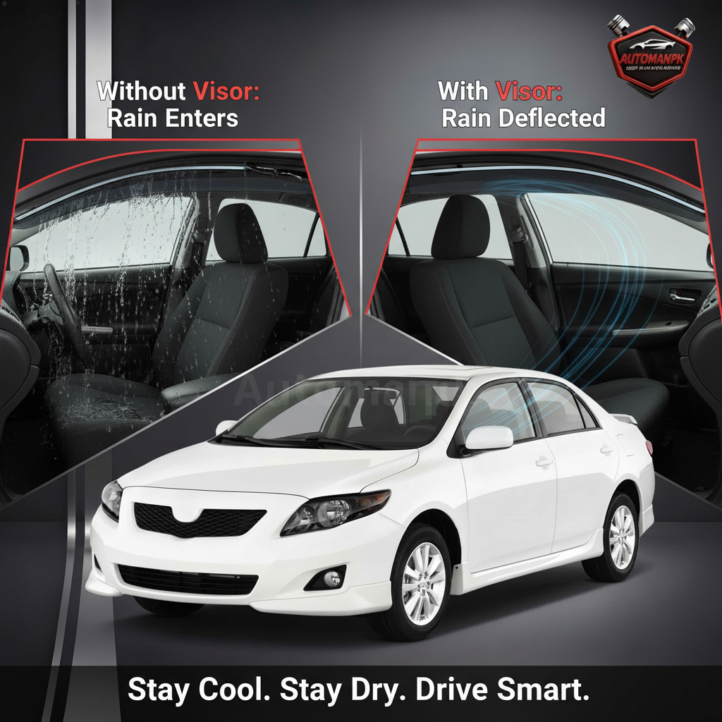 Toyota Corolla 2009-2014 Air Visor Benefit Comparison – Without Visor Rain Enters Interior vs With Chrome Visor Rain Deflected Outside, Stay Cool Stay Dry Drive Smart | AutoManPK