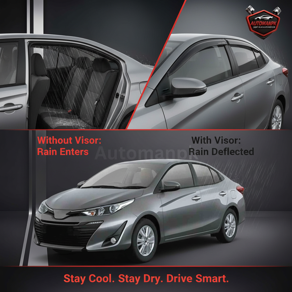 Toyota Yaris Air Visor Benefit Comparison – Without Visor Rain Enters Interior vs With Chrome Visor Rain Deflected Outside, Stay Cool Stay Dry Drive Smart | AutoManPK