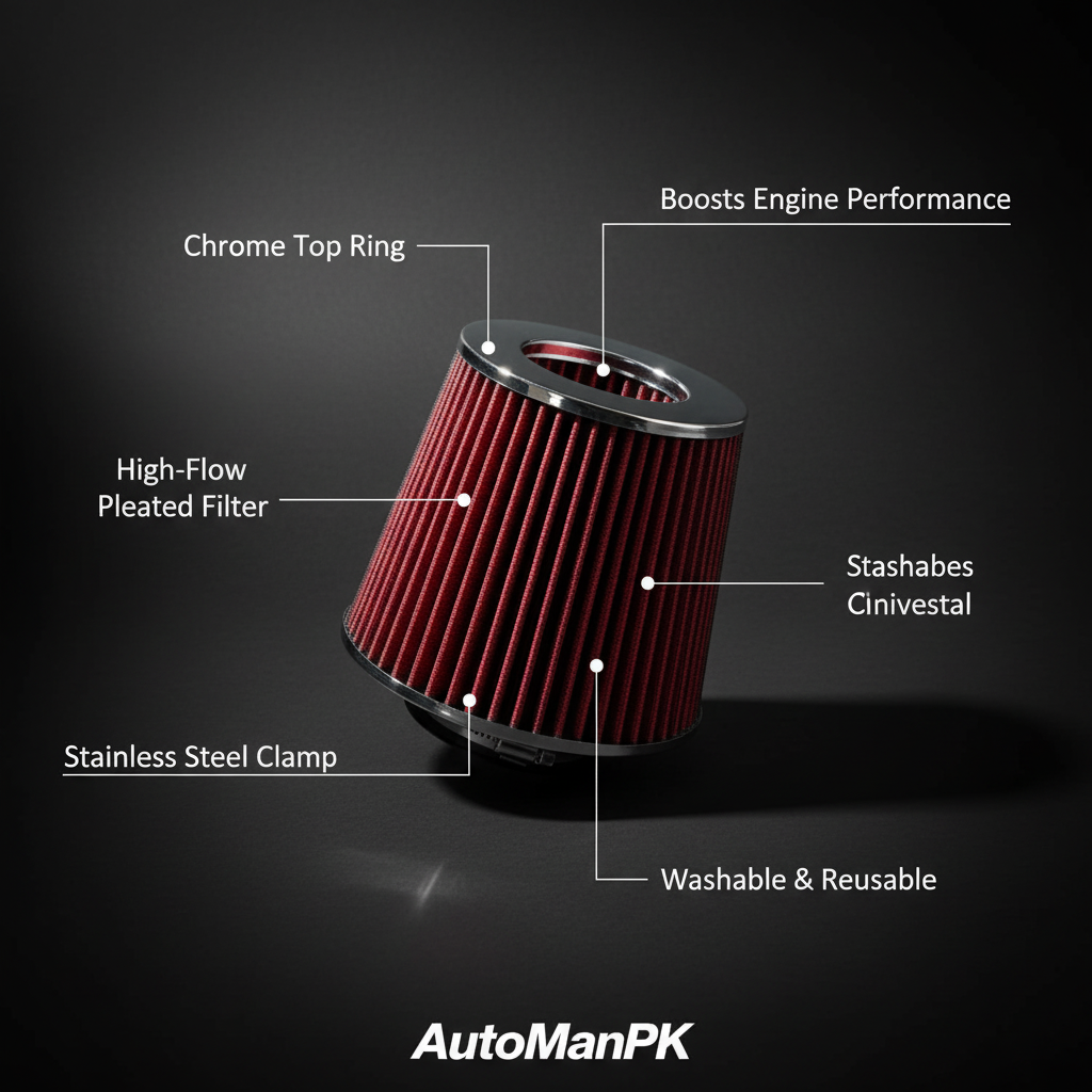 Universal Red Cold Air Intake Filter Feature Highlights – High-Flow, Chrome Ring, Stainless Clamp, Washable | AutoManPK