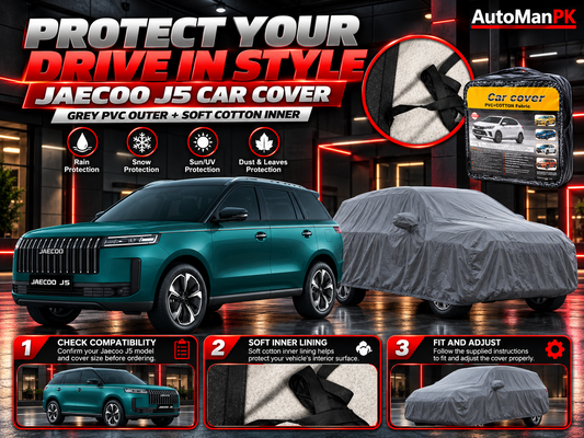 Jaecoo J5 custom-fit car cover with grey PVC outer and soft cotton inner lining, AutoManPK