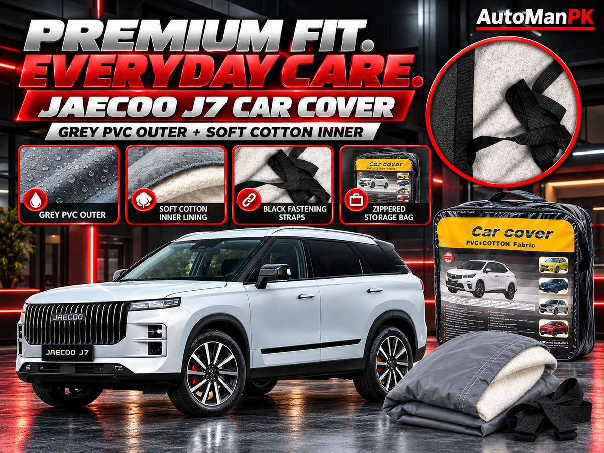 Jaecoo J7 car cover detail showing grey PVC exterior, cotton inner lining, black fastening straps and storage bag