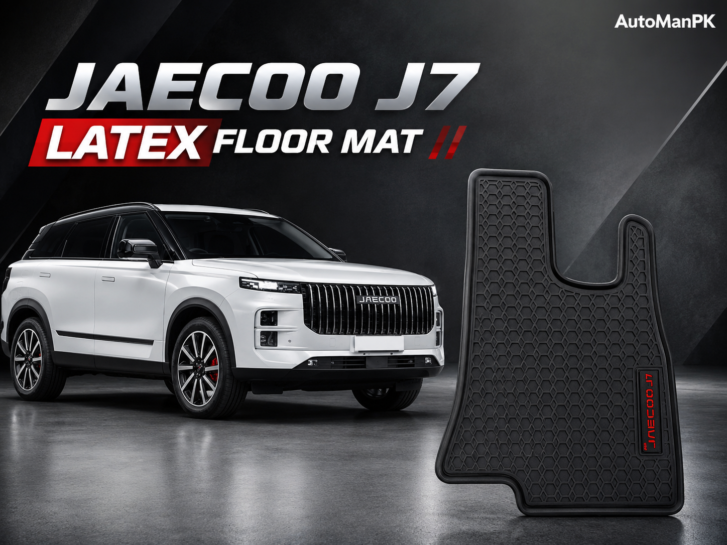 A black Jaecoo J7 latex floor mat shown next to a white Jaecoo J7 SUV on a dark studio background with promotional text.