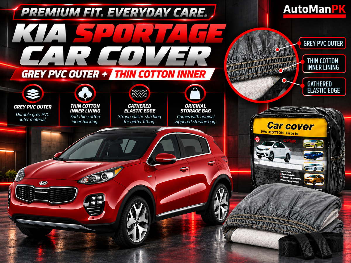 Kia Sportage 2019–2025 car top cover material details showing grey PVC outer, cotton inner lining and elastic edge