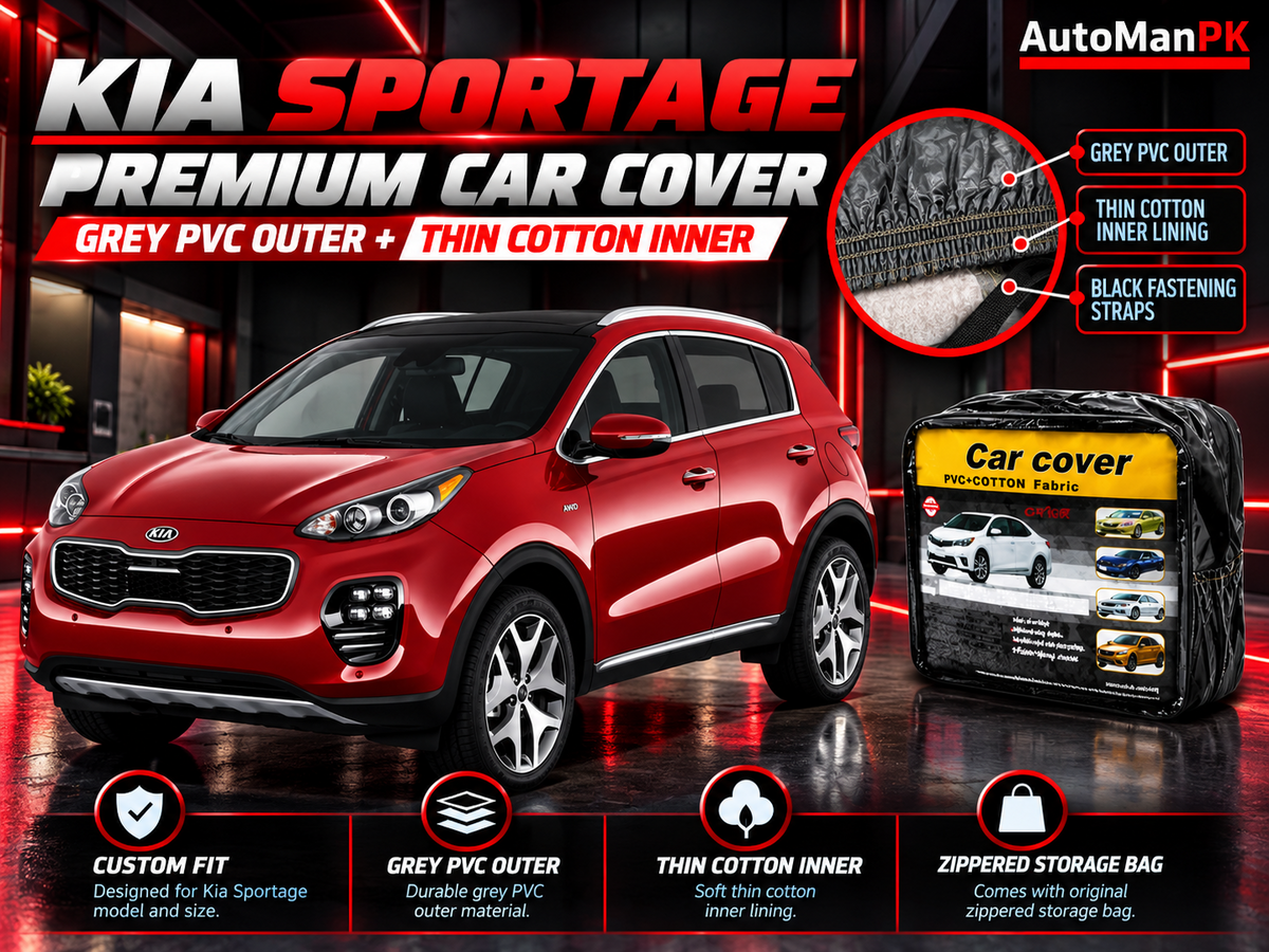 Kia Sportage 2019–2025 premium car cover with grey PVC exterior, cotton inner fabric and storage bag