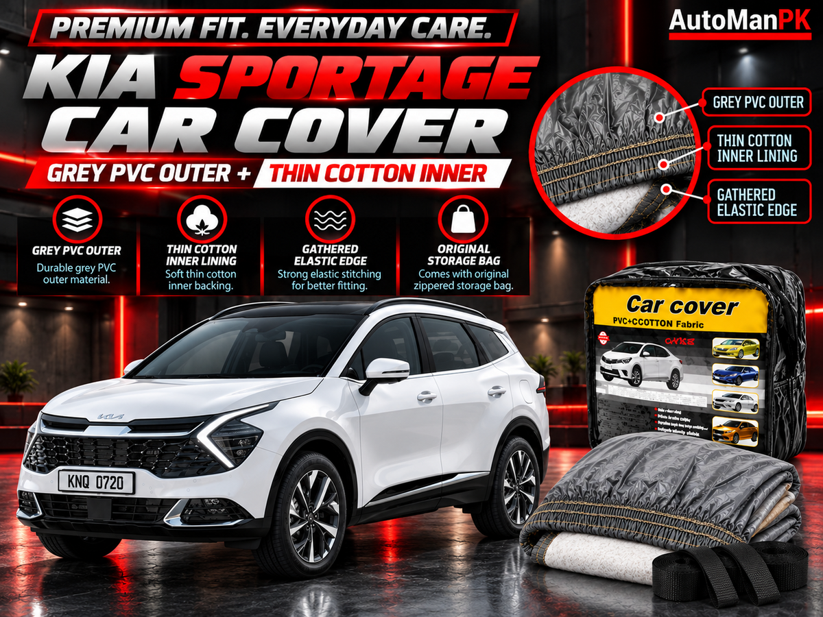 Kia Sportage 2026 car cover material detail showing grey PVC exterior and cotton fabric inner lining