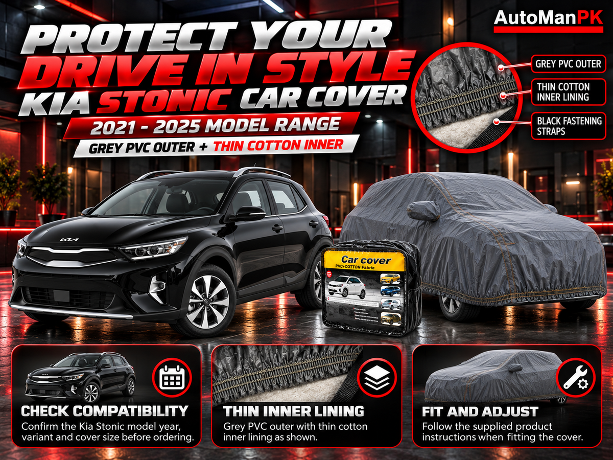 Kia Stonic 2021–2025 car cover details showing PVC exterior, cotton lining, fastening straps and storage bag